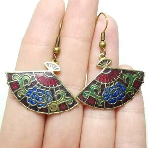 Vintage Colorful Enamel Fan Shape Dangle Earrings, Floral Pattern, 80s 90s style